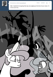 Size: 666x950 | Tagged: safe, artist:egophiliac, discord, princess celestia, princess luna, alicorn, pony, moonstuck, g4, ask, cartographer's element of courage, female, filly, mare, monochrome, partial color, pink-mane celestia, raised eyebrow, tumblr, woona, younger