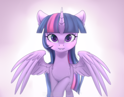 Size: 2476x1928 | Tagged: safe, artist:mp-printer, twilight sparkle, alicorn, pony, g4, beautiful, female, gradient background, high res, horn, looking at you, mare, smiling, solo, spread wings, twilight sparkle (alicorn), wings