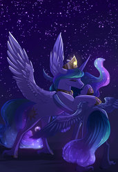 Size: 1024x1493 | Tagged: safe, artist:vindhov, princess celestia, oc, oc:princess aurora borealis, alicorn, pony, g4, alicorn oc, duo, eyes closed, hug, mother and daughter, next generation, night, offspring, parent:princess celestia, smiling, spread wings, starry night, stars