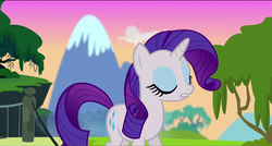 Size: 1360x730 | Tagged: safe, screencap, rarity, pony, castle mane-ia, g4, eyes closed, female, mare, mountain, solo, sunset, tree