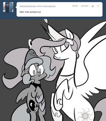 Size: 666x761 | Tagged: safe, artist:egophiliac, princess celestia, princess luna, alicorn, pony, moonstuck, g4, ask, cartographer's element of courage, filly, flying, monochrome, partial color, pink-mane celestia, tumblr, woona, younger