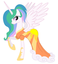 Size: 1895x2095 | Tagged: safe, artist:burningflamemc, edit, princess celestia, alicorn, pony, g4, clothes, dress, female, looking at you, mare, raised hoof, simple background, solo, spread wings, transparent background