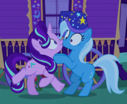 Size: 880x720 | Tagged: safe, screencap, starlight glimmer, trixie, pony, g4, to where and back again, :t, bipedal, boop, cropped, frown, nose wrinkle, noseboop, out of context, raised hoof, rearing, scrunchy face, underhoof, wide eyes