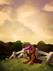 Size: 3000x4000 | Tagged: safe, artist:luxaestas, derpy hooves, rainbow dash, scootaloo, pegasus, pony, g4, bass guitar, cloud, commission, female, fence, filly, flying, foal, forest, guitar, hoof hold, mare, musical instrument, scenery, scootabass, sitting, the cmc's cutie marks, tree