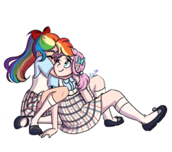 Size: 1024x904 | Tagged: safe, artist:paris-the-platypus, fluttershy, rainbow dash, human, g4, child, clothes, dress, friendshipping, hug, humanized, one eye closed, simple background, transparent background, younger