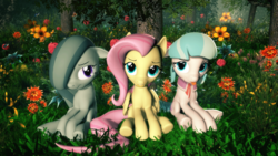 Size: 1920x1080 | Tagged: safe, artist:powdan, coco pommel, fluttershy, marble pie, earth pony, pegasus, pony, g4, 3d, cocobetes, cute, female, floppy ears, flower, forest, gmod, hair over one eye, looking at you, marblebetes, mare, sitting, spring, the council of shy ponies, tongue out, tree
