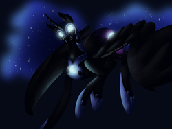 Size: 6000x4500 | Tagged: safe, artist:dragonseekerart, nightmare moon, alicorn, pony, g4, absurd resolution, female, flying, glowing eyes, open mouth, smiling, solo