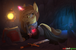 Size: 1359x900 | Tagged: safe, artist:redchetgreen, oc, oc only, oc:orfartina, pony, unicorn, book, clothes, female, glowing eyes, glowing horn, horn, lantern, mare, potion, prone, reading, scar, solo, sword, weapon