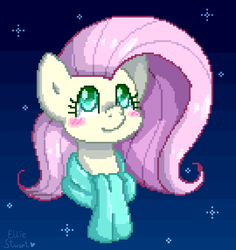 Size: 836x885 | Tagged: safe, artist:pony-ellie-stuart, fluttershy, g4, blushing, clothes, female, looking up, pixel art, scarf, smiling, solo