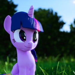 Size: 1080x1080 | Tagged: safe, artist:galawaille, twilight sparkle, alicorn, pony, g4, 3d, blender, cute, female, forest, grass, sitting, smiling, solo, twiabetes, twilight sparkle (alicorn)