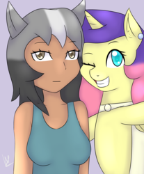 Size: 2887x3492 | Tagged: safe, artist:wolfy-pony, oc, oc only, oc:solaria, alicorn, human, pony, alicorn oc, breasts, clothes, ear piercing, earring, female, high res, jewelry, looking at you, mare, one eye closed, piercing, selfie, smiling, wink