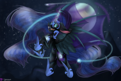 Size: 6000x4000 | Tagged: safe, artist:midnight-auralipse, nightmare moon, alicorn, pony, g4, absurd resolution, chest fluff, female, floppy ears, flying, moon, solo
