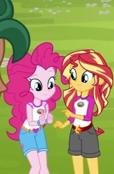 Size: 317x480 | Tagged: safe, screencap, pinkie pie, sunset shimmer, timber spruce, equestria girls, g4, my little pony equestria girls: legend of everfree, balloon, bracelet, camp everfree outfits, clothes, heart, jewelry, shorts, smiling, sun