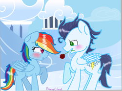 Size: 1024x761 | Tagged: safe, artist:dashiecloud, rainbow dash, soarin', pony, g4, blushing, female, flower, male, old cutie mark, ship:soarindash, shipping, straight