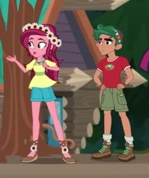 Size: 359x429 | Tagged: safe, screencap, gloriosa daisy, timber spruce, equestria girls, g4, my little pony equestria girls: legend of everfree, boots, clothes, flower, flower in hair, hand on hip, shorts, socks