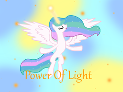 Size: 800x600 | Tagged: safe, artist:lisa1700, princess celestia, g4, eyes closed, female, flying, magic, open mouth, solo, spread wings, text