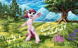 Size: 3840x2400 | Tagged: safe, artist:roadsleadme, oc, oc only, oc:holly, earth pony, pony, bipedal, cloud, female, flower, gift art, grass, high res, looking up, mare, mountain, open mouth, russian, scenery, sky, solo, translated in the comments, tree, underhoof