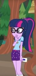 Size: 229x480 | Tagged: safe, screencap, sci-twi, twilight sparkle, equestria girls, g4, my little pony equestria girls: legend of everfree, camp everfree outfits, clothes, cropped, female, glasses, shorts, smiling, socks, solo