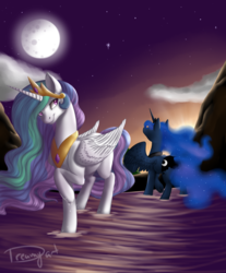 Size: 2480x3000 | Tagged: safe, artist:dreamyartcosplay, princess celestia, princess luna, alicorn, pony, g4, cloud, crepuscular rays, droplet, high res, moon, mountain, raised hoof, royal sisters, spread wings, stars, sunset, twilight (astronomy), water
