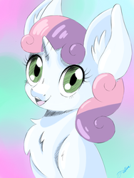 Size: 1200x1600 | Tagged: safe, artist:faline-art, sweetie belle, pony, unicorn, g4, bust, chest fluff, female, filly, portrait, smiling, solo
