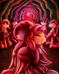 Size: 1935x2449 | Tagged: safe, artist:jamescorck, applejack, chancellor puddinghead, clover the clever, commander hurricane, fluttershy, pinkie pie, princess platinum, private pansy, rainbow dash, rarity, smart cookie, twilight sparkle, pony, comic:i will never leave you, g4, cavern, clothes, comic, crying, eyes closed, group, hug, mane six, sad, sitting, smiling