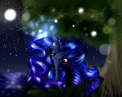 Size: 3000x2381 | Tagged: safe, artist:rizzoly, princess luna, alicorn, firefly (insect), pony, g4, female, high res, moon, night, solo, stars, tree, water