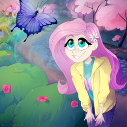 Size: 2222x2222 | Tagged: safe, artist:lionisminor, fluttershy, butterfly, human, g4, clothes, female, flower, flower in hair, forest, grin, high res, humanized, jacket, smiling, solo, tree, water