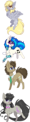 Size: 946x3800 | Tagged: safe, artist:tay-niko-yanuciq, derpy hooves, dj pon-3, doctor whooves, octavia melody, time turner, vinyl scratch, earth pony, pegasus, pony, unicorn, g4, backwards cutie mark, chest fluff, chibi, female, fluffy, flying, leg warmers, mare, mp3 player, open mouth, raised hoof, simple background, smiling, time, transparent background
