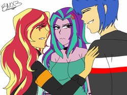 Size: 1024x768 | Tagged: safe, artist:brickercupmasterx3, aria blaze, flash sentry, sunset shimmer, equestria girls, g4, bisexual, blushing, clothes, female, flashimmerblaze, heart, lesbian, lineart, polyamory, propositioning, shipping, skirt, sunblaze