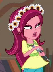 Size: 359x480 | Tagged: safe, screencap, gloriosa daisy, equestria girls, g4, my little pony equestria girls: legend of everfree, angry, flower, flower in hair, magical geodes, microphone