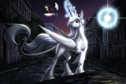 Size: 3040x2046 | Tagged: safe, artist:mykegreywolf, oc, oc only, oc:iridae, alicorn, pony, alicorn oc, building, city, cloven hooves, commission, crown, female, glowing horn, high res, horn, jewelry, long tail, magic, mare, moon, raised hoof, regalia, shattered, solo, starry night, stars, unshorn fetlocks