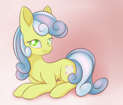 Size: 1024x880 | Tagged: safe, artist:dusthiel, nurse coldheart, nurse snowheart, earth pony, pony, g4, commission, female, gradient background, looking at you, mare, missing accessory, prone, smiling, solo