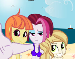 Size: 3410x2702 | Tagged: safe, artist:ironm17, cayenne, citrus blush, sweet biscuit, equestria girls, g4, beach, clothes, clothing optional beach, duckface, equestria girls-ified, high res, selfie, swimsuit, trio
