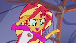 Size: 1100x618 | Tagged: safe, screencap, sunset shimmer, equestria girls, g4, my little pony equestria girls: legend of everfree, clothes, female, open mouth, solo, tent