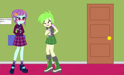 Size: 1052x639 | Tagged: safe, artist:sugarskullfangirl, cherry crash, sunny flare, equestria girls, g4, blushing, boots, cherry, clothes, dialogue, ear piercing, earring, female, fingerless gloves, food, gloves, high heel boots, jewelry, laughing, piercing, story included, unamused