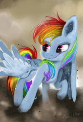 Size: 1440x2120 | Tagged: safe, artist:nikisha15, rainbow dash, pegasus, pony, g4, female, mare, raised hoof, smirk, solo, spread wings