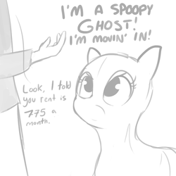 Size: 792x792 | Tagged: safe, artist:tjpones, oc, oc only, ghost, human, pony, bedsheet ghost, clothes, costume, dialogue, grayscale, monochrome, simple background, spoopy, white background