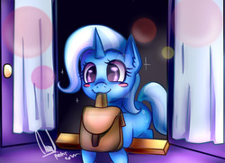 Size: 1024x740 | Tagged: safe, artist:paintcoloryt, trixie, pony, unicorn, g4, to where and back again, blushing, deviantart watermark, female, mare, mouth hold, obtrusive watermark, scene interpretation, solo, to saddlebags and back again, watermark