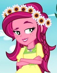 Size: 417x531 | Tagged: safe, screencap, gloriosa daisy, timber spruce, equestria girls, g4, my little pony equestria girls: legend of everfree, cropped, crossed arms, female, geode of fauna, geode of shielding, geode of sugar bombs, geode of super speed, geode of super strength, magical geodes, offscreen character, smug, solo
