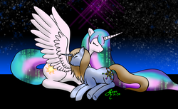 Size: 1175x719 | Tagged: safe, artist:arconius, princess celestia, oc, oc:littlepip, alicorn, pony, unicorn, fallout equestria, g4, cutie mark, duo, eyes closed, fanfic, fanfic art, female, hooves, horn, mare, snuggling, spread wings, wings