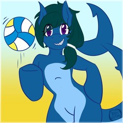 Size: 1280x1280 | Tagged: safe, artist:firegoddess2148, oc, oc only, oc:mako, original species, shark pony, bouncing, standing, volleyball
