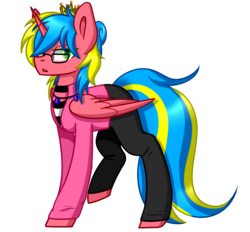 Size: 1552x1440 | Tagged: safe, artist:despotshy, oc, oc only, alicorn, pony, clothes, crown, female, glasses, jewelry, mare, pants, regalia, shirt, simple background, solo, transparent background