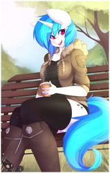 Size: 1220x1920 | Tagged: safe, artist:teranen, dj pon-3, vinyl scratch, unicorn, anthro, g4, boots, breasts, clothes, colored pupils, cute, drink, female, jacket, looking at you, mare, miniskirt, open mouth, shirt, sitting, skirt, skirt lift, sky, socks, solo, spring, thigh highs, thighs, tree, zettai ryouiki