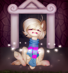 Size: 2891x3107 | Tagged: safe, artist:pony-ellie-stuart, earth pony, pony, clothes, commission, crossover, eyes closed, friendliness pellets, frisk, high res, implied flowey the flower, ponified, scared, sitting, solo, underhoof, undertale, ych result