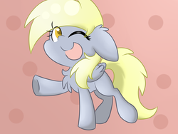 Size: 1400x1050 | Tagged: safe, artist:meowmavi, derpy hooves, g4, chest fluff, female, filly, filly derpy, floppy ears, one eye closed, raised hoof, solo, wink