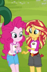 Size: 282x427 | Tagged: safe, edit, edited screencap, screencap, pinkie pie, sunset shimmer, timber spruce, equestria girls, g4, my little pony equestria girls: legend of everfree, animated, balloon, bracelet, camp everfree outfits, clothes, cute, gif, heart, jewelry, shimmerbetes, shorts, sun