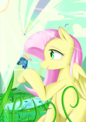 Size: 3507x4960 | Tagged: safe, artist:mikedom, fluttershy, bird, butterfly, g4, absurd resolution, cloud, female, pond, solo, water