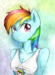 Size: 1200x1639 | Tagged: safe, artist:mikedom, rainbow dash, anthro, g4, clothes, female, smiling, solo, tank top