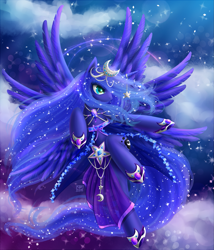 Size: 1457x1700 | Tagged: safe, artist:nefyfeiri, princess luna, seraph, g4, anatomically incorrect, clothes, cloud, dress, female, flying, horn, horn jewelry, incorrect leg anatomy, jewelry, multiple wings, night, night sky, solo, sparkly mane, stars