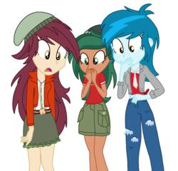 Size: 1196x1148 | Tagged: safe, artist:mlprocker123, normal norman, thunderbass, timber spruce, equestria girls, g4, my little pony equestria girls: legend of everfree, blu lightning, clothes, equestria guys, female, forest pine, implied transformation, jacket, looking down, male to female, necktie, normal norma, rule 63, shirt, simple background, skirt, transformation, transgender transformation, transparent background, trio